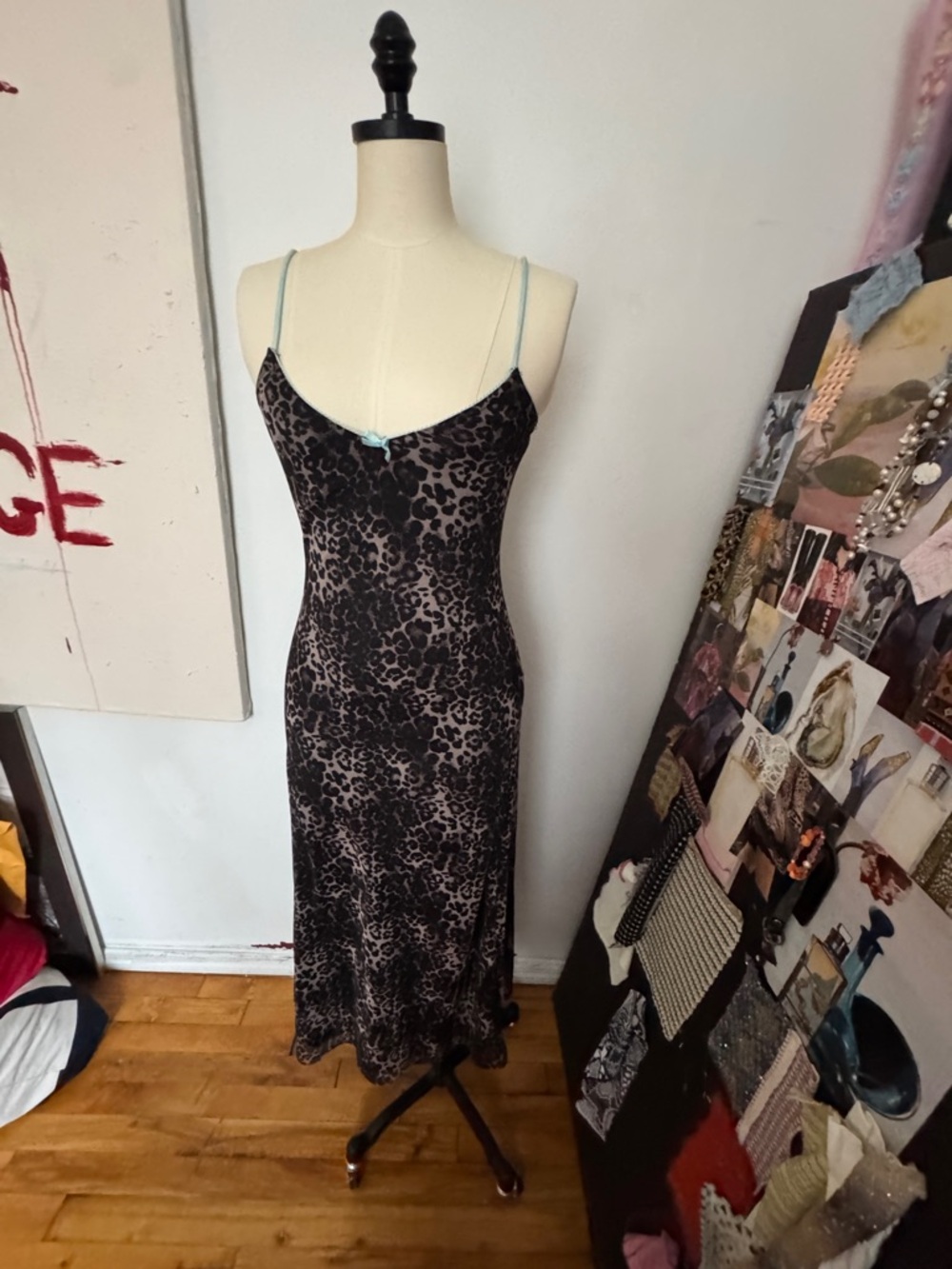 Urban Outfitters Black and Brown Leopard Slip Dress with Pale Blue Straps
